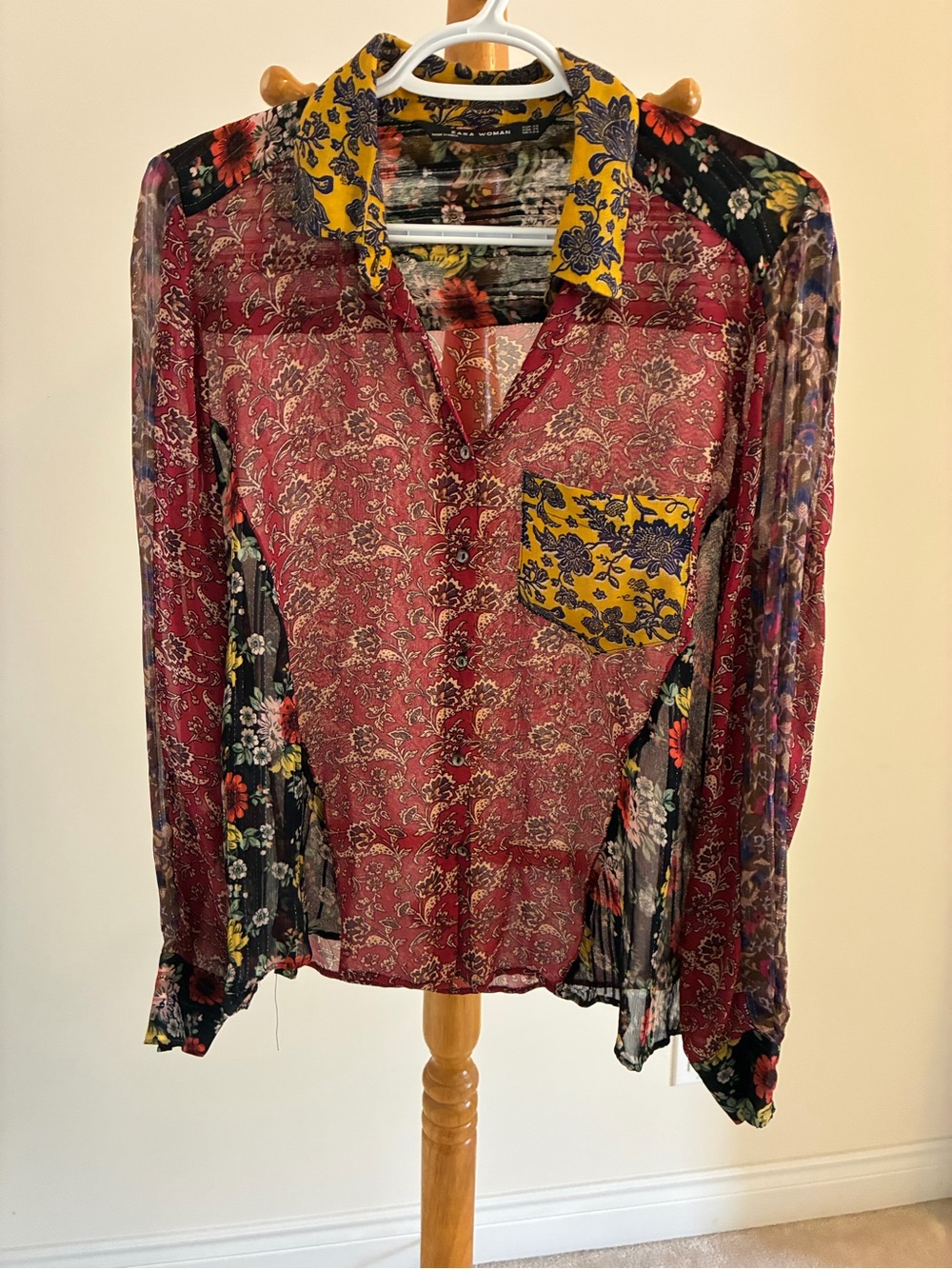 Zara Mixed-Print Sheer Button-Down Blouse - Red with Yellow Accents